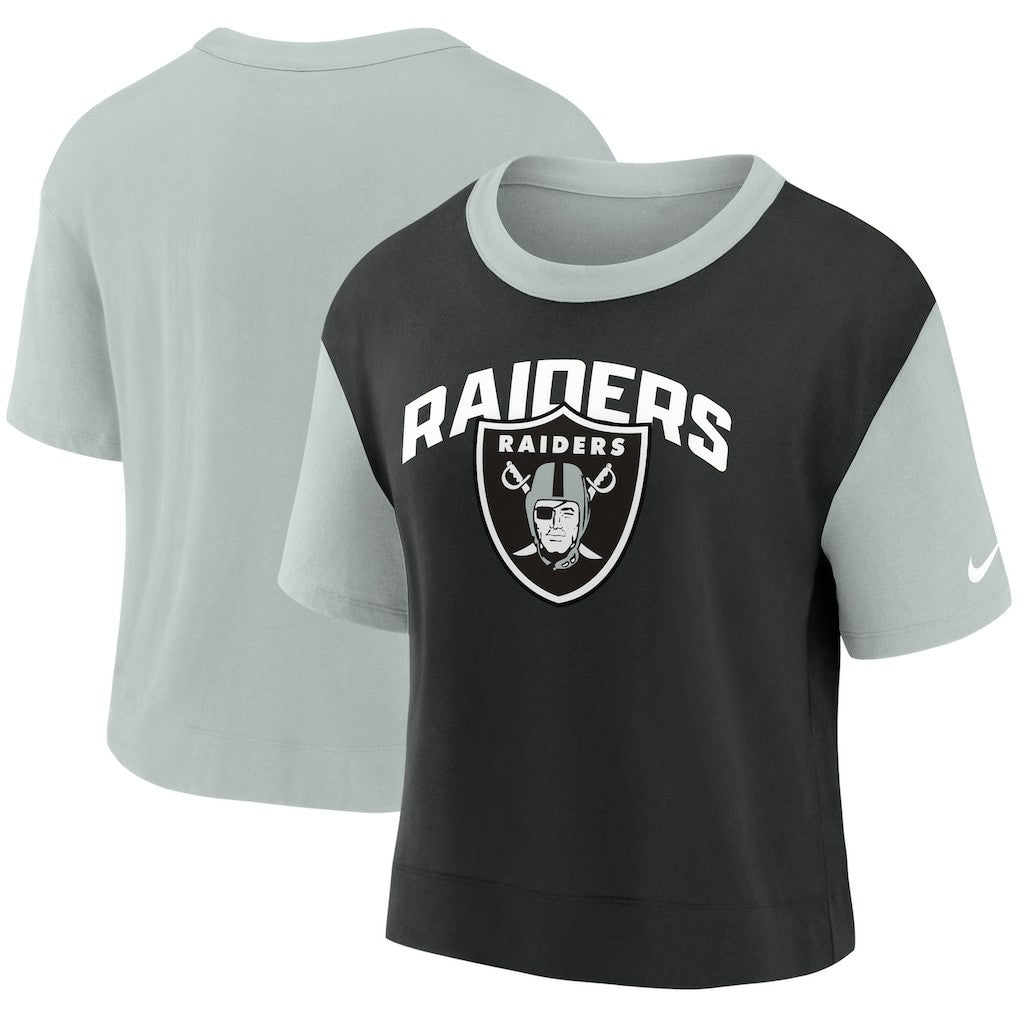 Las Vegas Raiders Women's High Hip Fashion T-Shirt Silver/Black - Nike