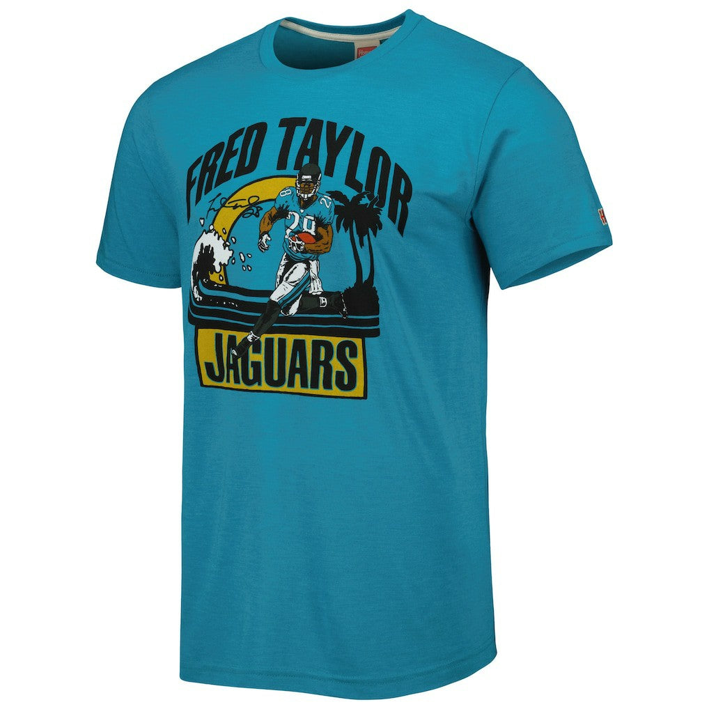 Fred Taylor Jacksonville Jaguars Homage Unisex Caricature Retired Player Tri-Blend T-Shirt Teal - NFL