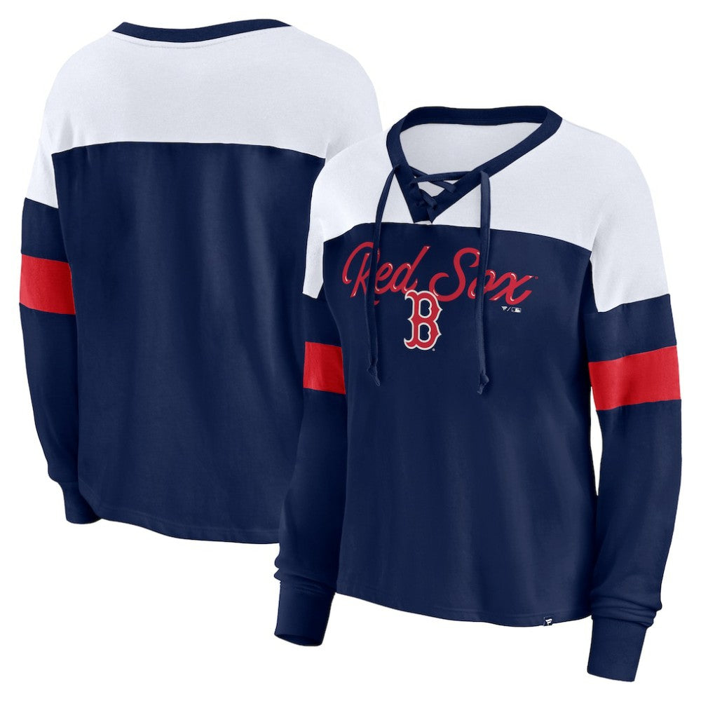 Boston Red Sox Fanatics Women's Even Match Lace-Up Long Sleeve V-Neck T-Shirt Sale