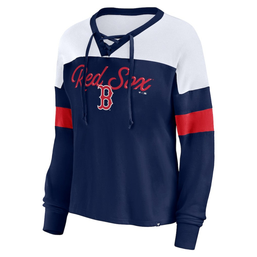 Boston Red Sox Fanatics Women's Even Match Lace-Up Long Sleeve V-Neck T-Shirt Sale