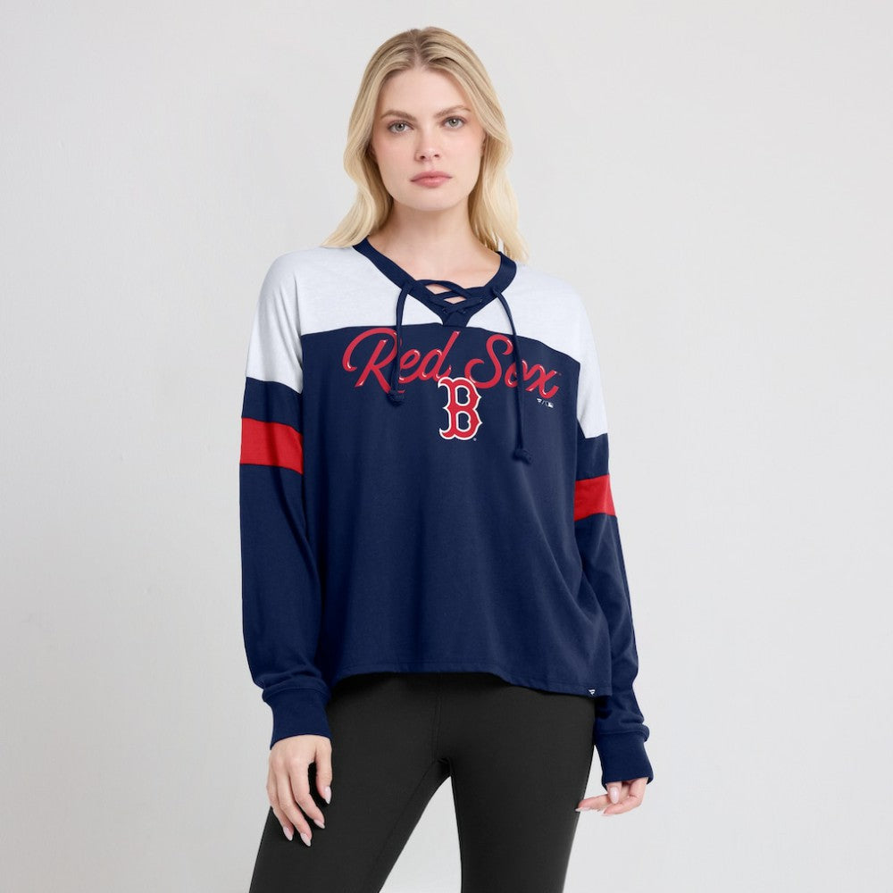 Boston Red Sox Fanatics Women's Even Match Lace-Up Long Sleeve V-Neck T-Shirt Sale