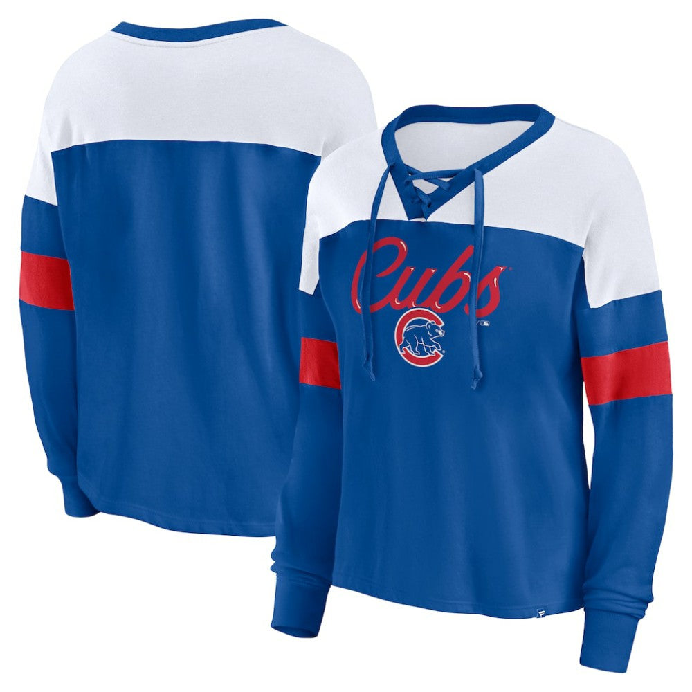 Chicago Cubs Fanatics Women's Even Match Lace-Up Long Sleeve V-Neck T-Shirt Online