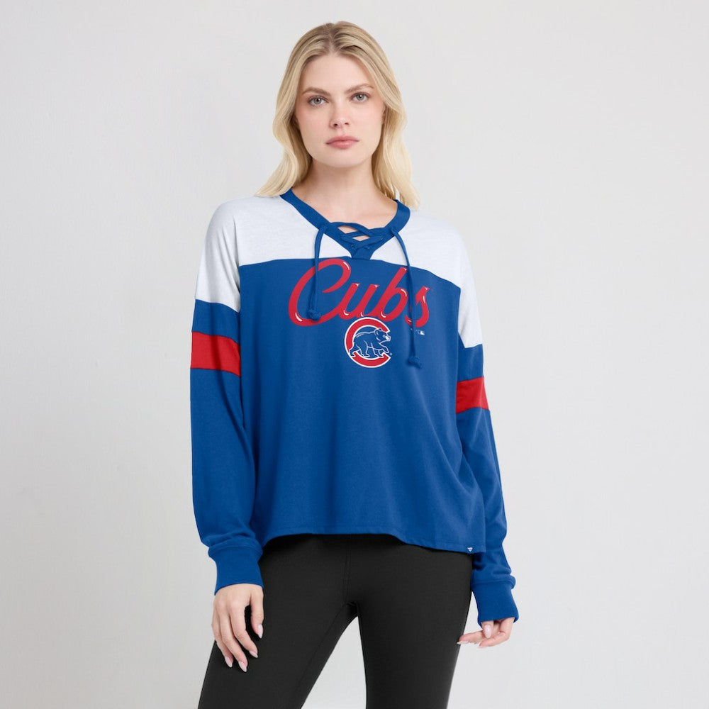Chicago Cubs Fanatics Women's Even Match Lace-Up Long Sleeve V-Neck T-Shirt Online