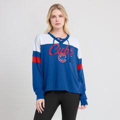 Chicago Cubs Fanatics Women's Even Match Lace-Up Long Sleeve V-Neck T-Shirt Online