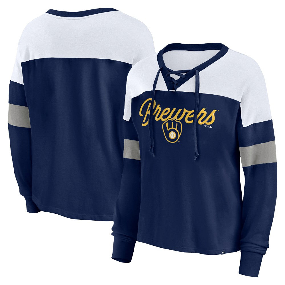 Milwaukee Brewers Fanatics Women's Even Match Lace-Up Long Sleeve V-Neck T-Shirt discount