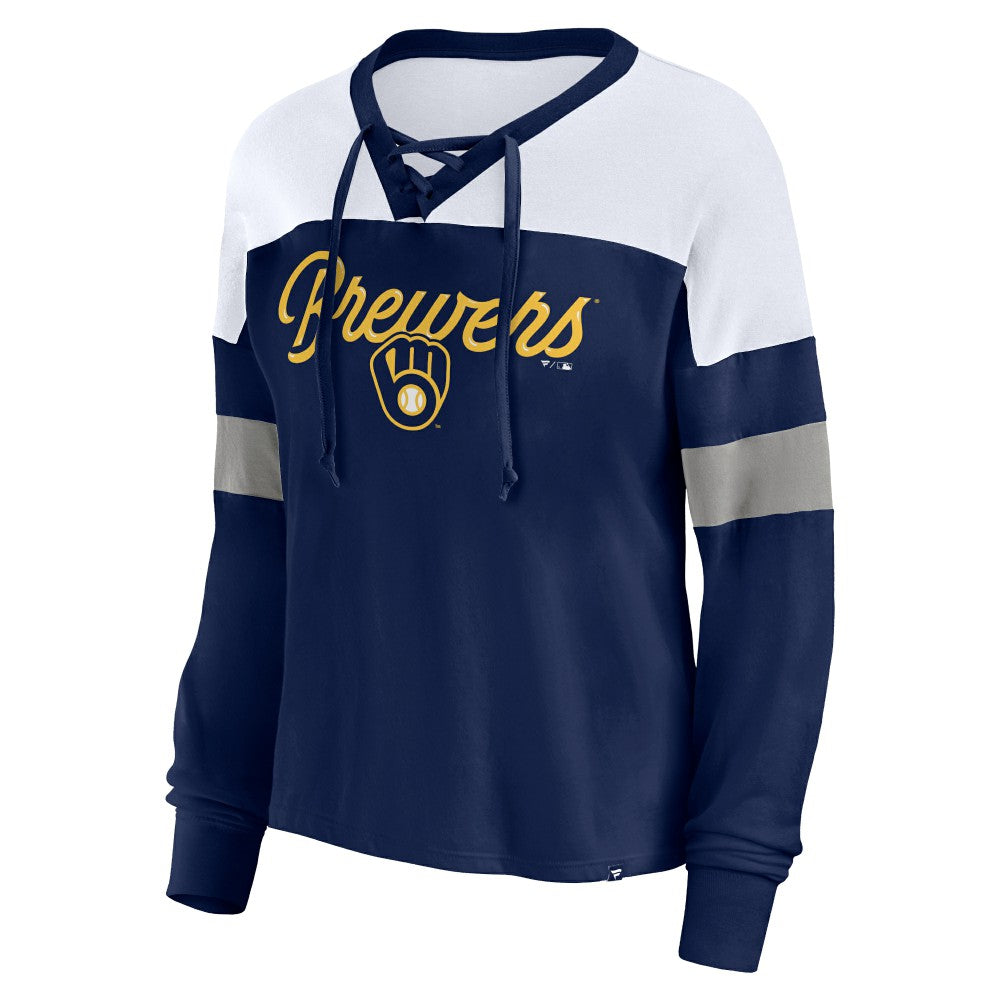 Milwaukee Brewers Fanatics Women's Even Match Lace-Up Long Sleeve V-Neck T-Shirt discount