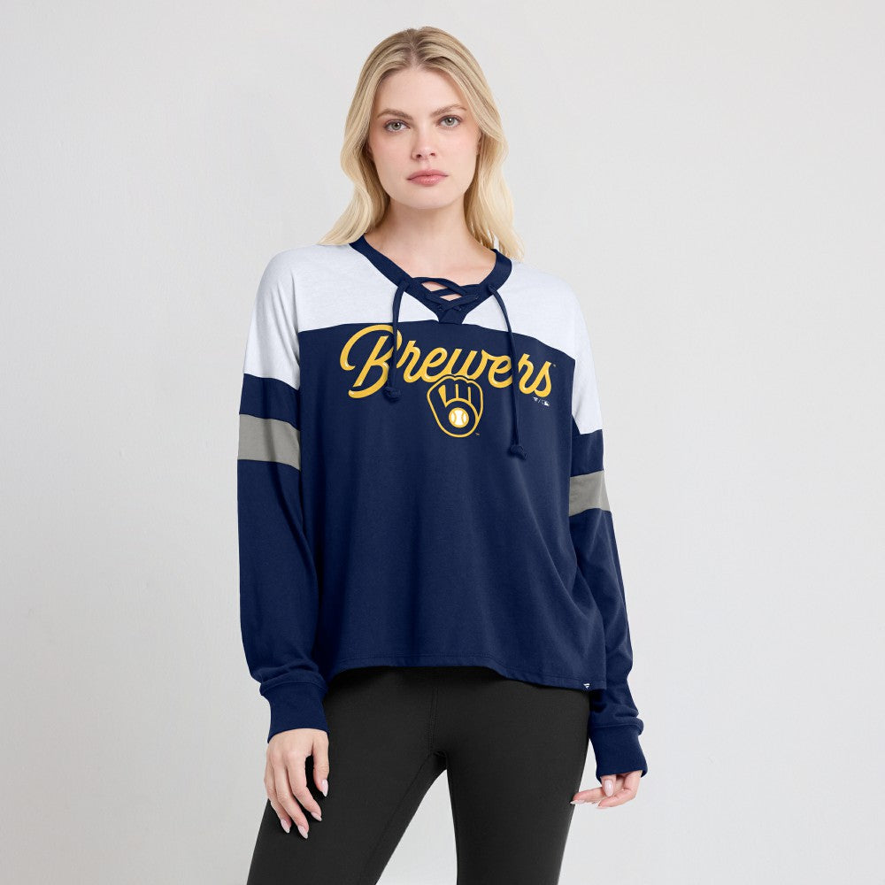 Milwaukee Brewers Fanatics Women's Even Match Lace-Up Long Sleeve V-Neck T-Shirt discount