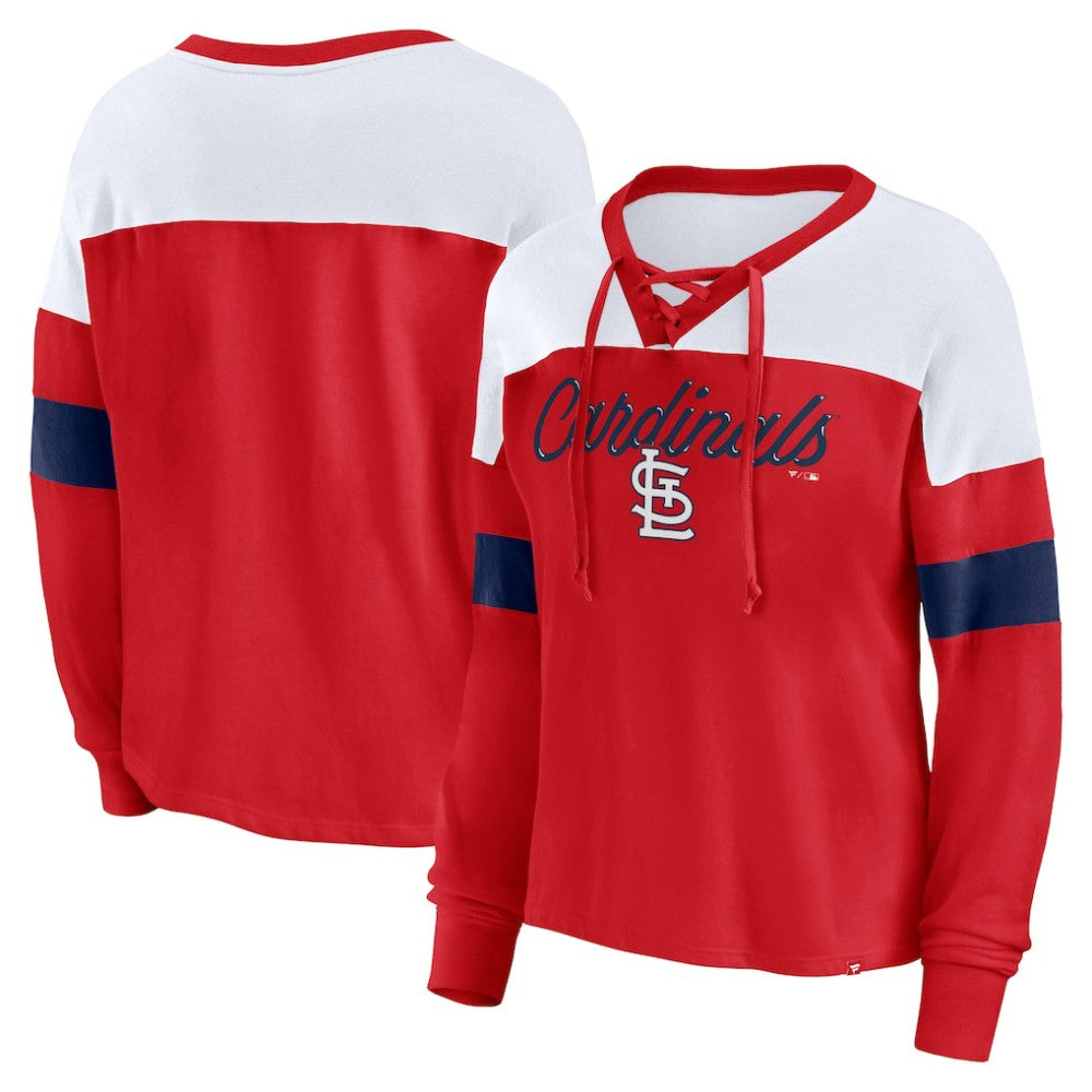St. Louis Cardinals Fanatics Women's Even Match Lace-Up Long Sleeve V-Neck T-Shirt for sale