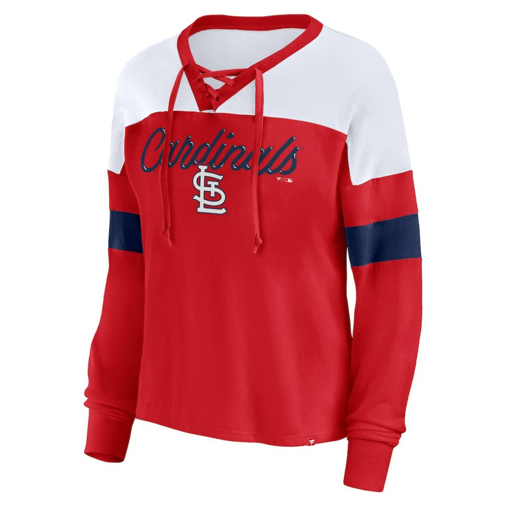 St. Louis Cardinals Fanatics Women's Even Match Lace-Up Long Sleeve V-Neck T-Shirt for sale