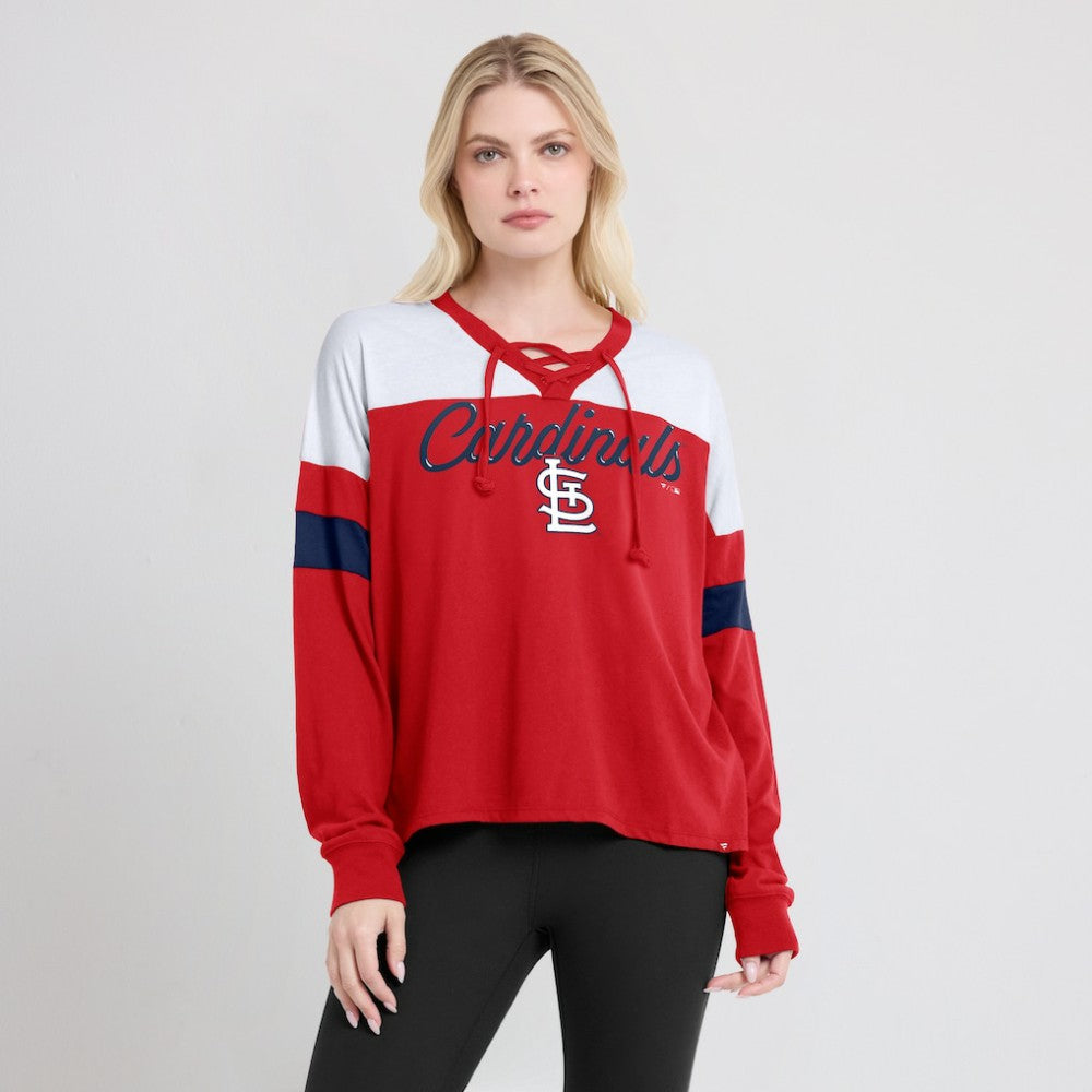 St. Louis Cardinals Fanatics Women's Even Match Lace-Up Long Sleeve V-Neck T-Shirt for sale