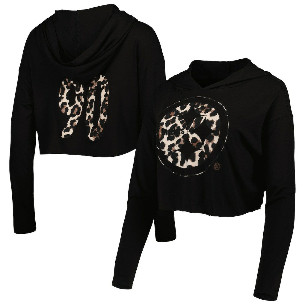 T.J. Watt Pittsburgh Steelers Majestic Threads Women's Leopard Player Name & Number Long Sleeve Cropped Hoodie Black - NFL