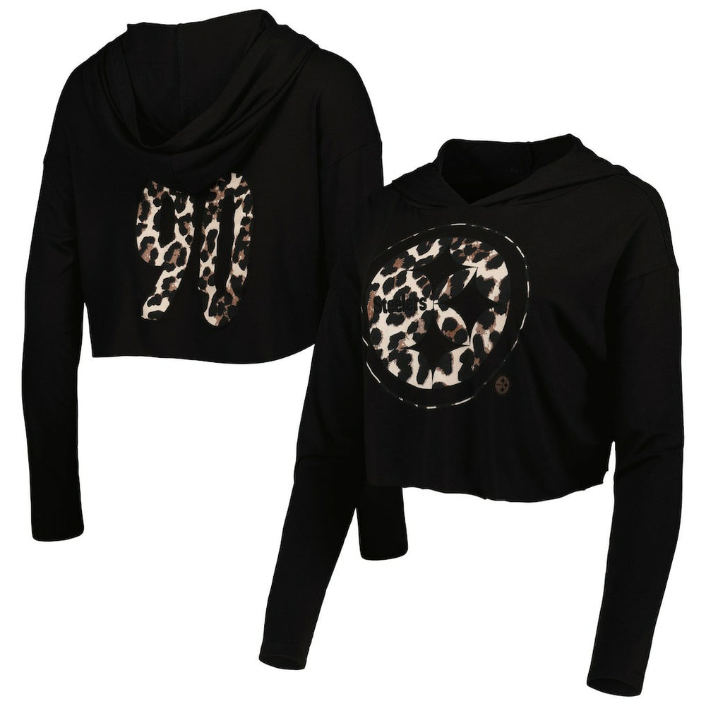 T.J. Watt Pittsburgh Steelers Majestic Threads Women's Leopard Player Name & Number Long Sleeve Cropped Hoodie Black - NFL