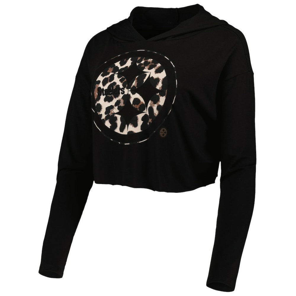 T.J. Watt Pittsburgh Steelers Majestic Threads Women's Leopard Player Name & Number Long Sleeve Cropped Hoodie Black - NFL
