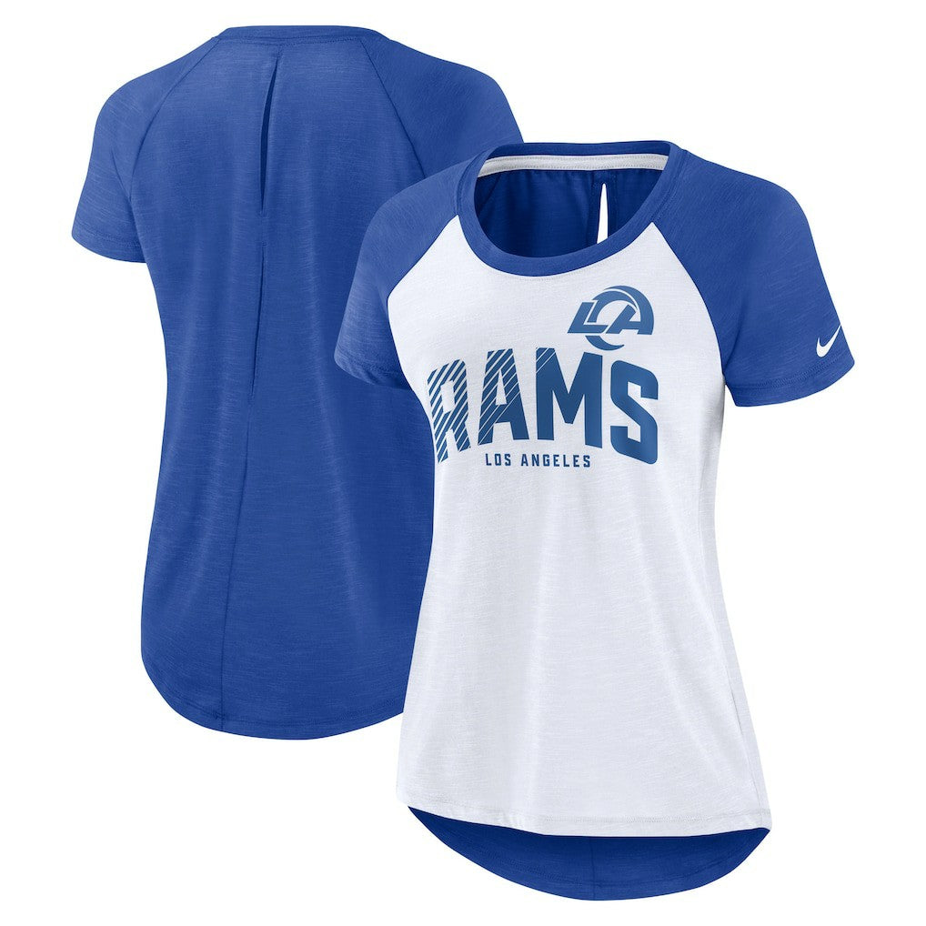 Los Angeles Rams Women's Back Slit Lightweight Fashion T-Shirt White/Heather Scarlet - Nike