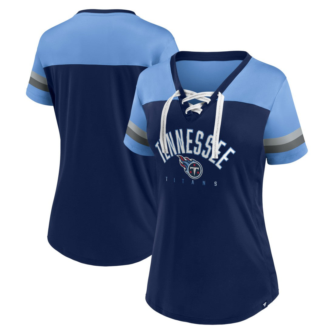 Tennessee Titans Women's Blitz & Glam Lace-Up V-Neck Jersey T-Shirt Navy/Light Blue - Fanatics