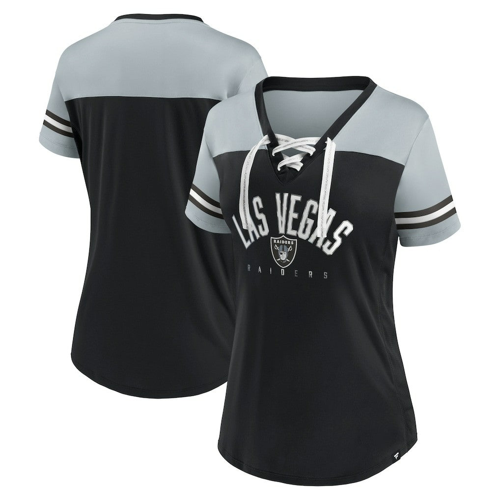 Las Vegas Raiders Women's Blitz & Glam Lace-Up V-Neck Jersey T-Shirt Black/Silver - Fanatics