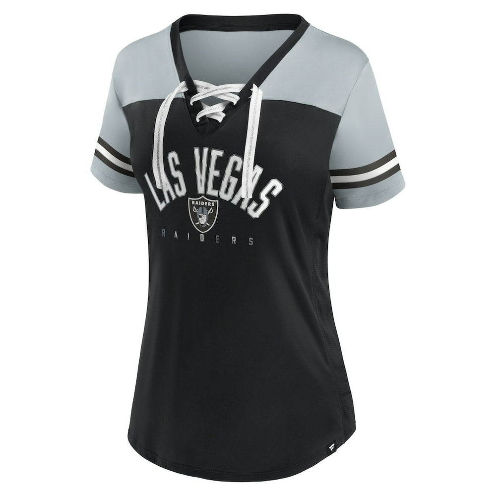 Las Vegas Raiders Women's Blitz & Glam Lace-Up V-Neck Jersey T-Shirt Black/Silver - Fanatics