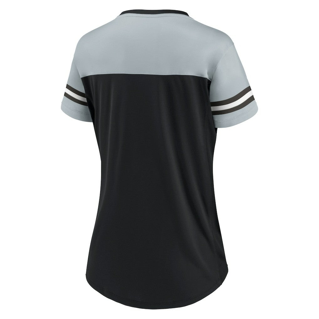 Las Vegas Raiders Women's Blitz & Glam Lace-Up V-Neck Jersey T-Shirt Black/Silver - Fanatics