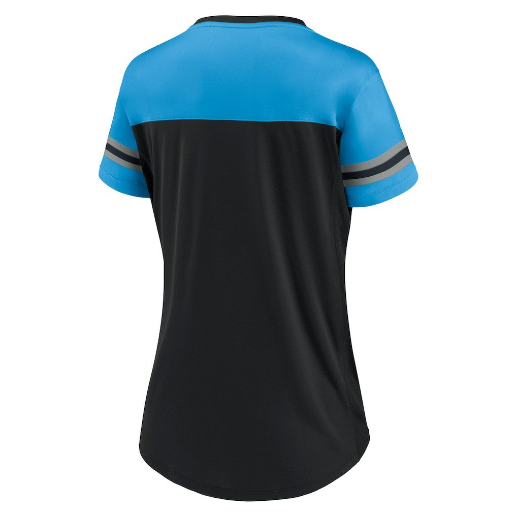 Carolina Panthers Women's Blitz & Glam Lace-Up V-Neck Jersey T-Shirt Black/Blue - Fanatics