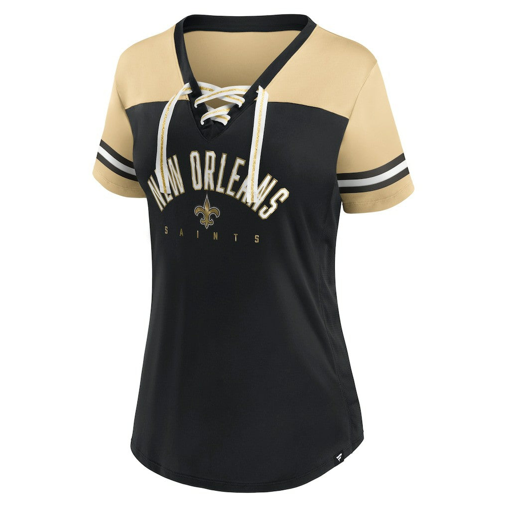 New Orleans Saints Women's Blitz & Glam Lace-Up V-Neck Jersey T-Shirt Black/Vegas Gold - Fanatics