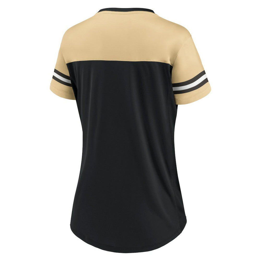New Orleans Saints Women's Blitz & Glam Lace-Up V-Neck Jersey T-Shirt Black/Vegas Gold - Fanatics