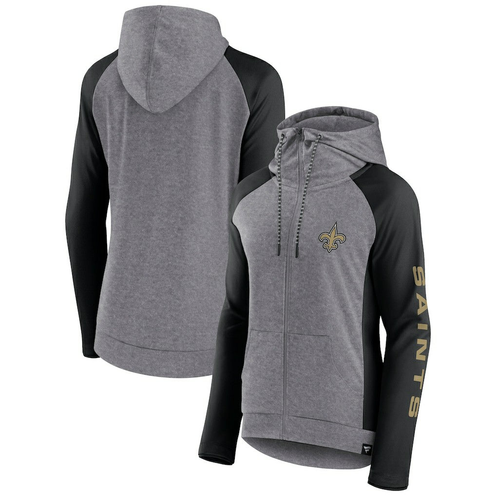 New Orleans Saints Women's Blind Side Lightweight Full-Zip Hoodie Heather Gray/College Black - Fanatics