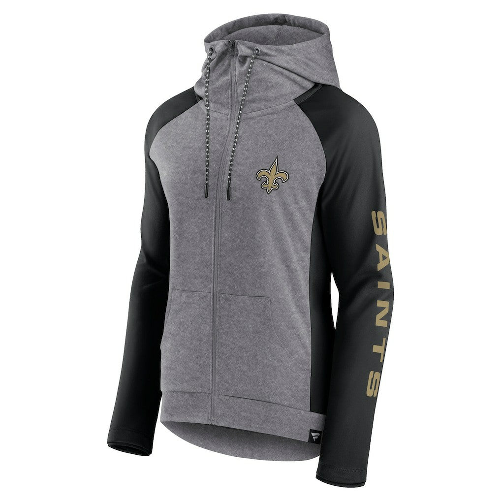 New Orleans Saints Women's Blind Side Lightweight Full-Zip Hoodie Heather Gray/College Black - Fanatics
