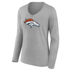 Denver Broncos Women's Primary Team Logo Long Sleeve V-Neck T-Shirt Heather Gray - NFL