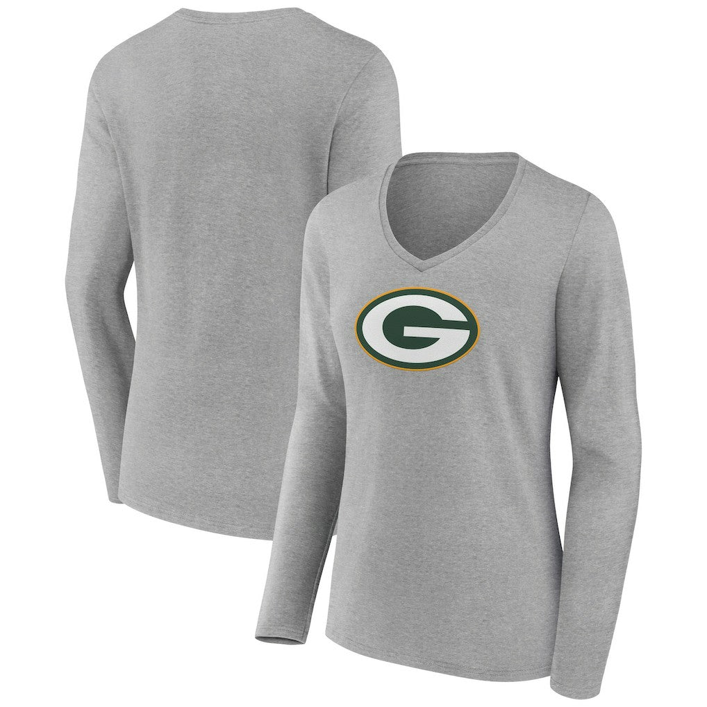 Green Bay Packers Women's Primary Team Logo Long Sleeve V-Neck T-Shirt Heather Gray - NFL