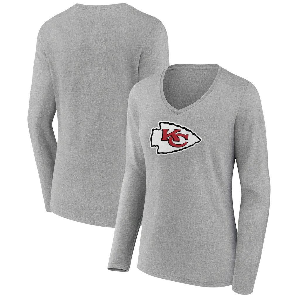 Kansas City Chiefs Women's Primary Team Logo Long Sleeve V-Neck T-Shirt Heather Gray - NFL