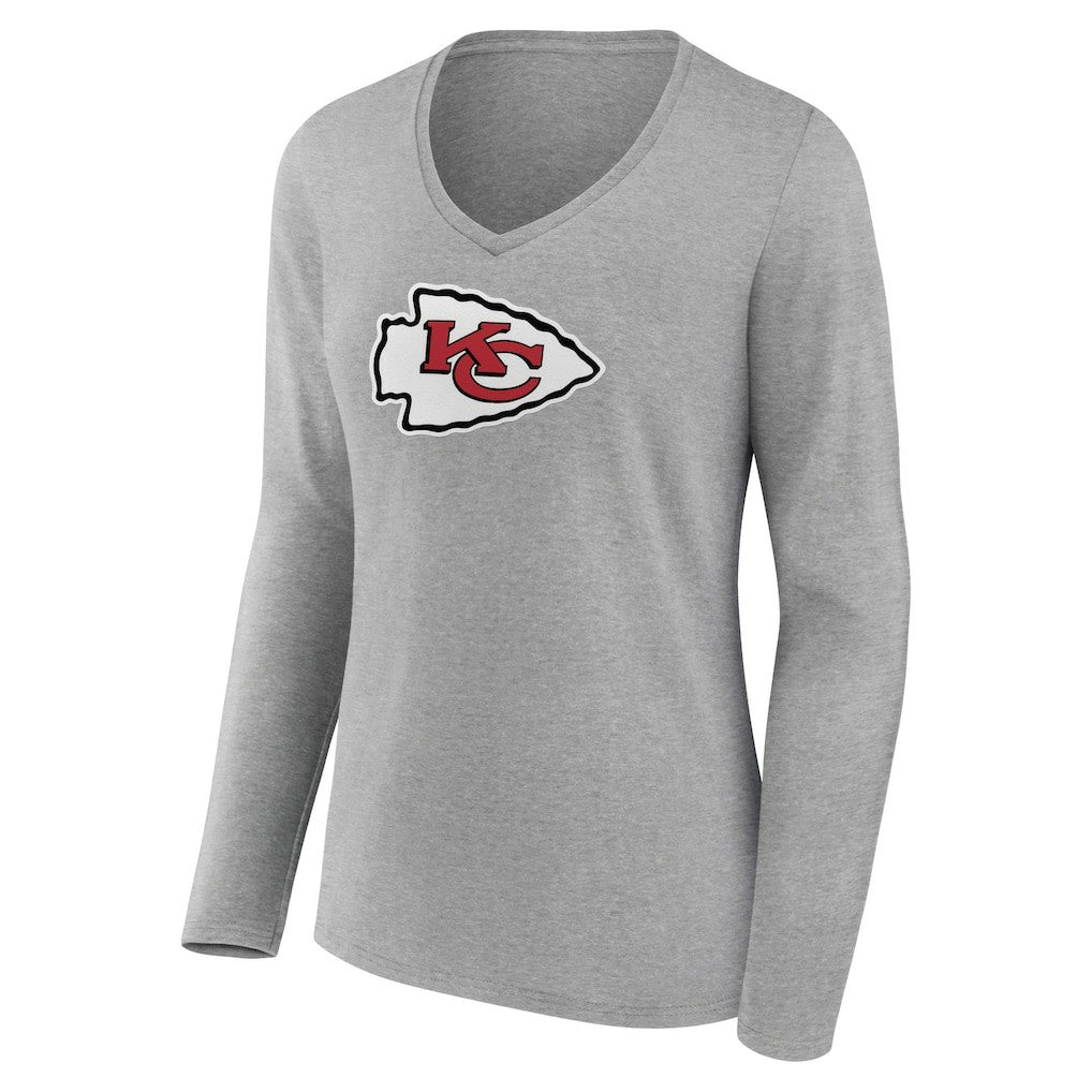 Kansas City Chiefs Women's Primary Team Logo Long Sleeve V-Neck T-Shirt Heather Gray - NFL