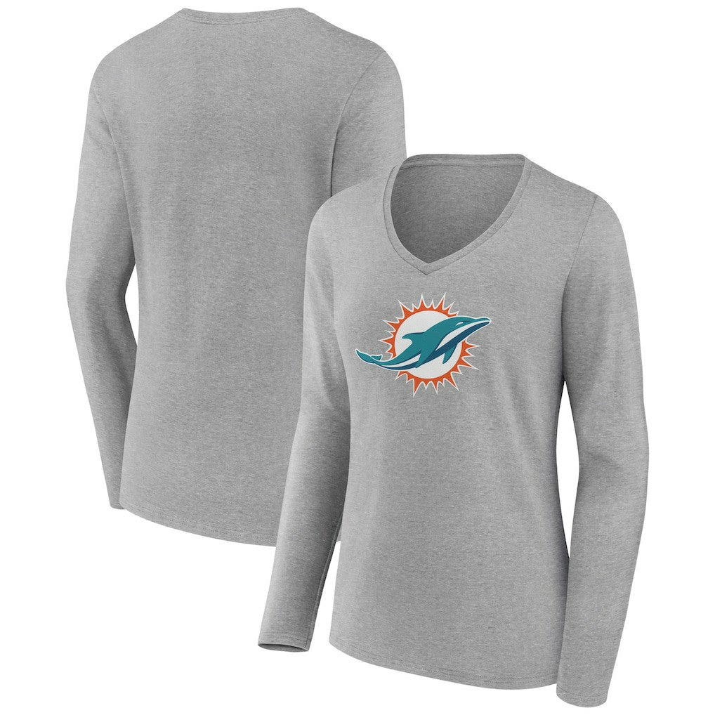 Miami Dolphins Women's Primary Team Logo Long Sleeve V-Neck T-Shirt Heather Gray - NFL