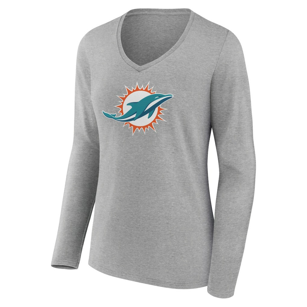 Miami Dolphins Women's Primary Team Logo Long Sleeve V-Neck T-Shirt Heather Gray - NFL