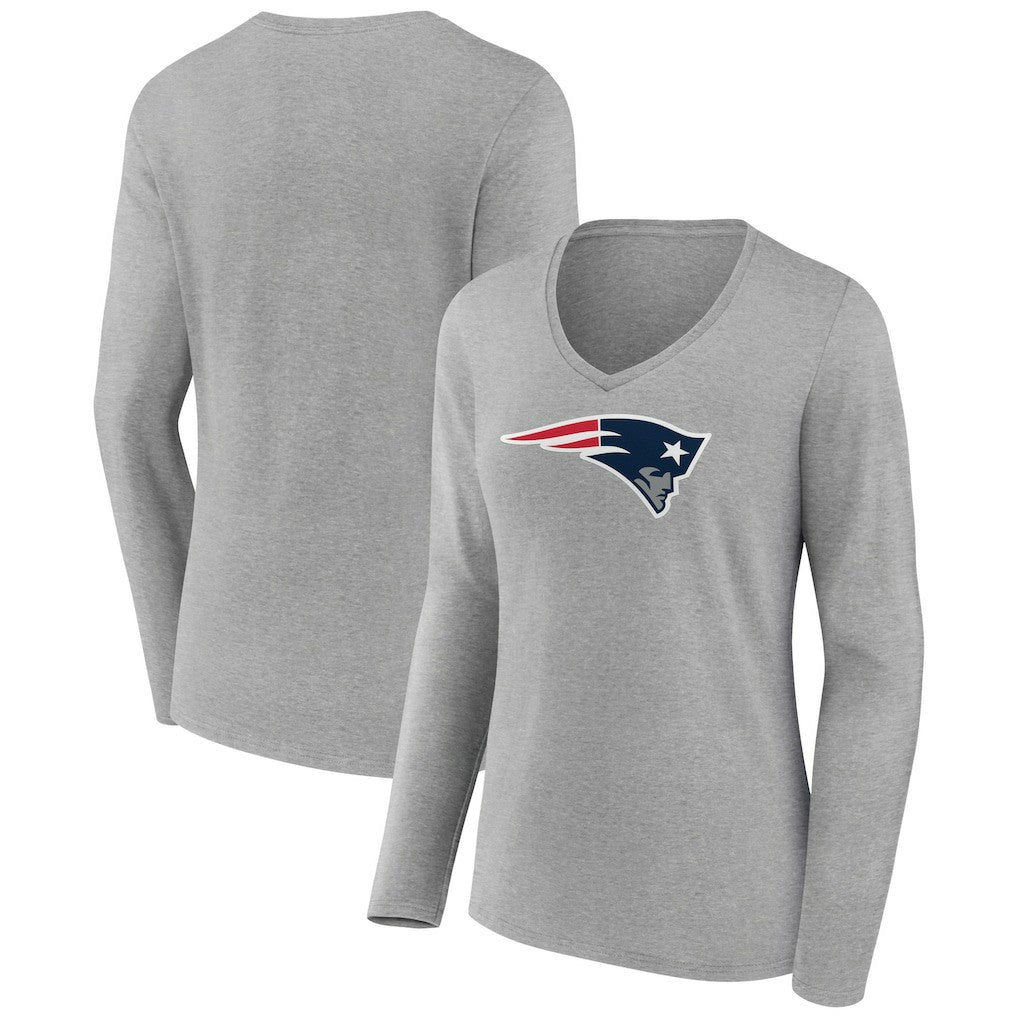 New England Patriots Women's Primary Team Logo Long Sleeve V-Neck T-Shirt Heather Gray - NFL