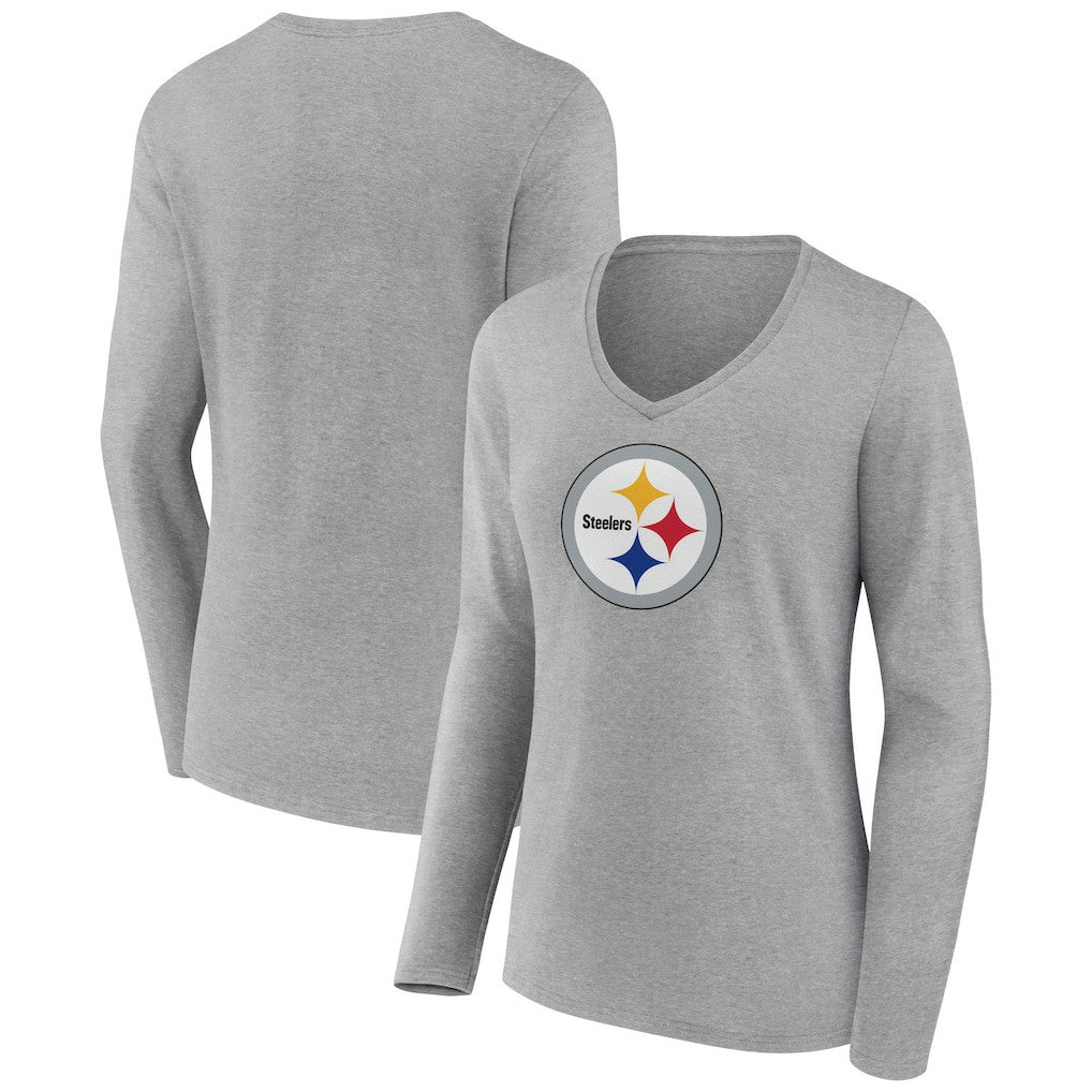 Pittsburgh Steelers Women's Primary Team Logo Long Sleeve V-Neck T-Shirt Heather Gray - NFL