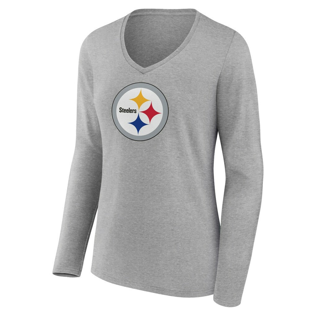 Pittsburgh Steelers Women's Primary Team Logo Long Sleeve V-Neck T-Shirt Heather Gray - NFL