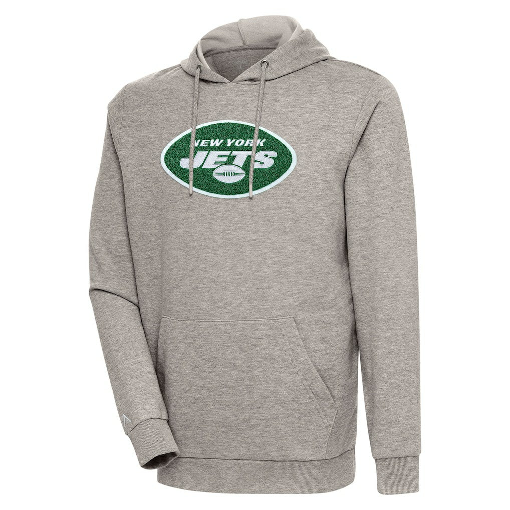 New York Jets Antigua Action Chenille Pullover Hoodie Oatmeal - NFL