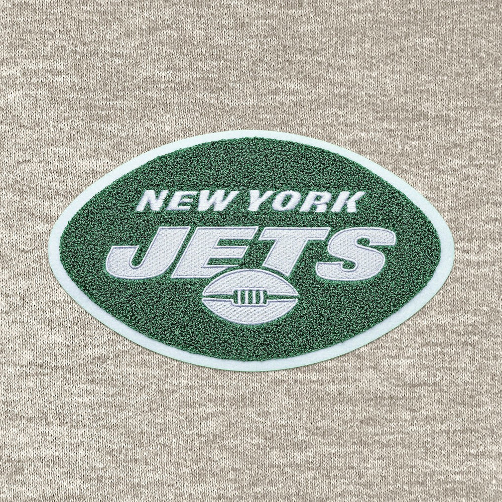 New York Jets Antigua Action Chenille Pullover Hoodie Oatmeal - NFL