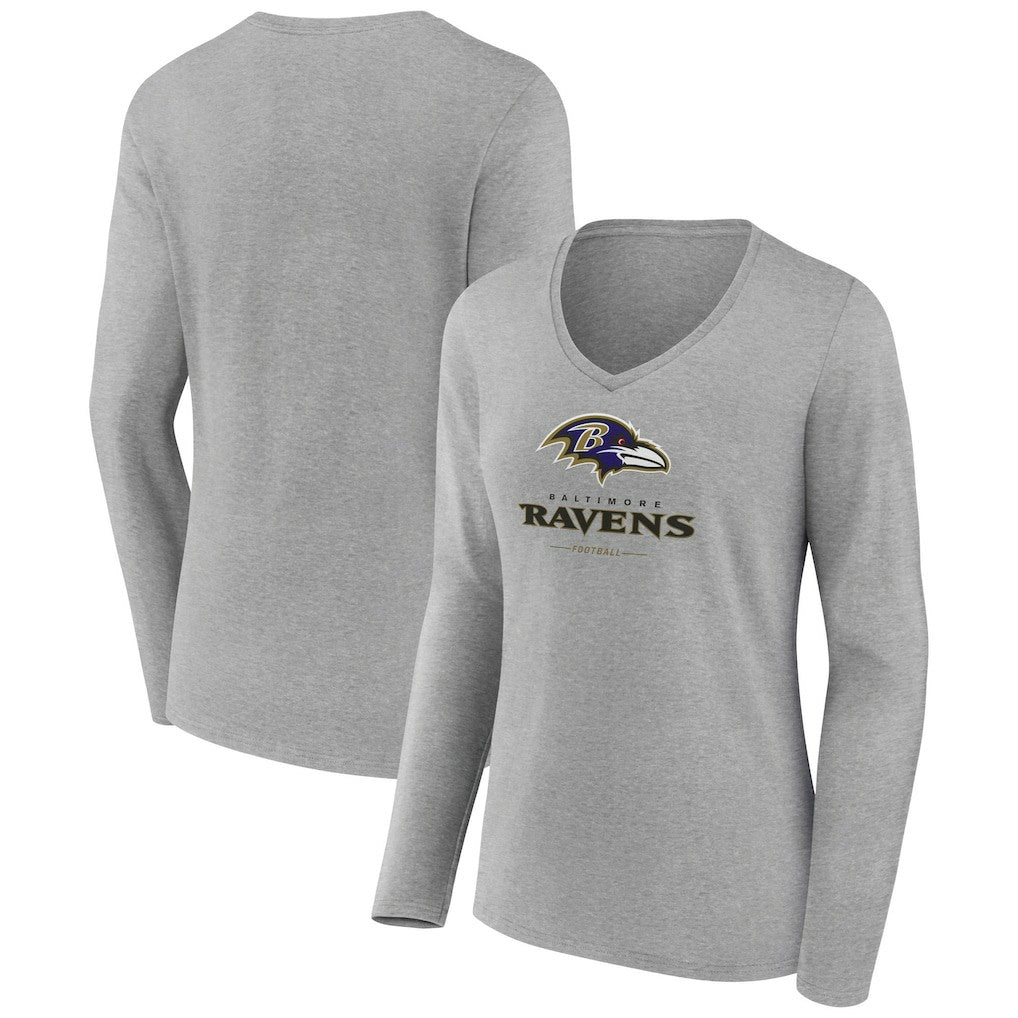 Baltimore Ravens Women's Logo Team Lockup Long Sleeve V-Neck T-Shirt Heather Gray - NFL