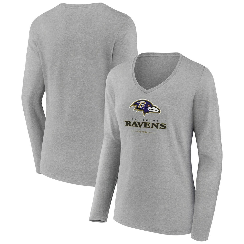 Baltimore Ravens Women's Logo Team Lockup Long Sleeve V-Neck T-Shirt Heather Gray - NFL