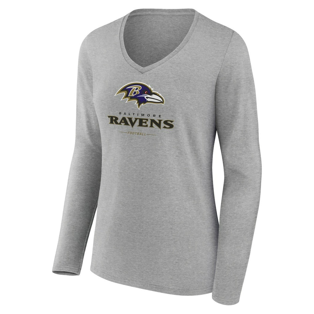 Baltimore Ravens Women's Logo Team Lockup Long Sleeve V-Neck T-Shirt Heather Gray - NFL