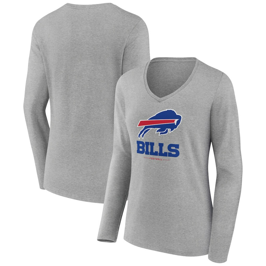Buffalo Bills Women's Logo Team Lockup Long Sleeve V-Neck T-Shirt Heather Gray - NFL