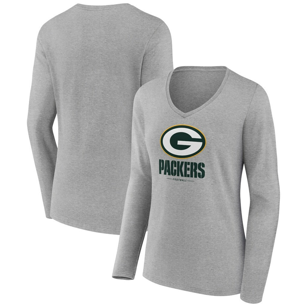 Green Bay Packers Women's Logo Team Lockup Long Sleeve V-Neck T-Shirt Heather Gray - NFL