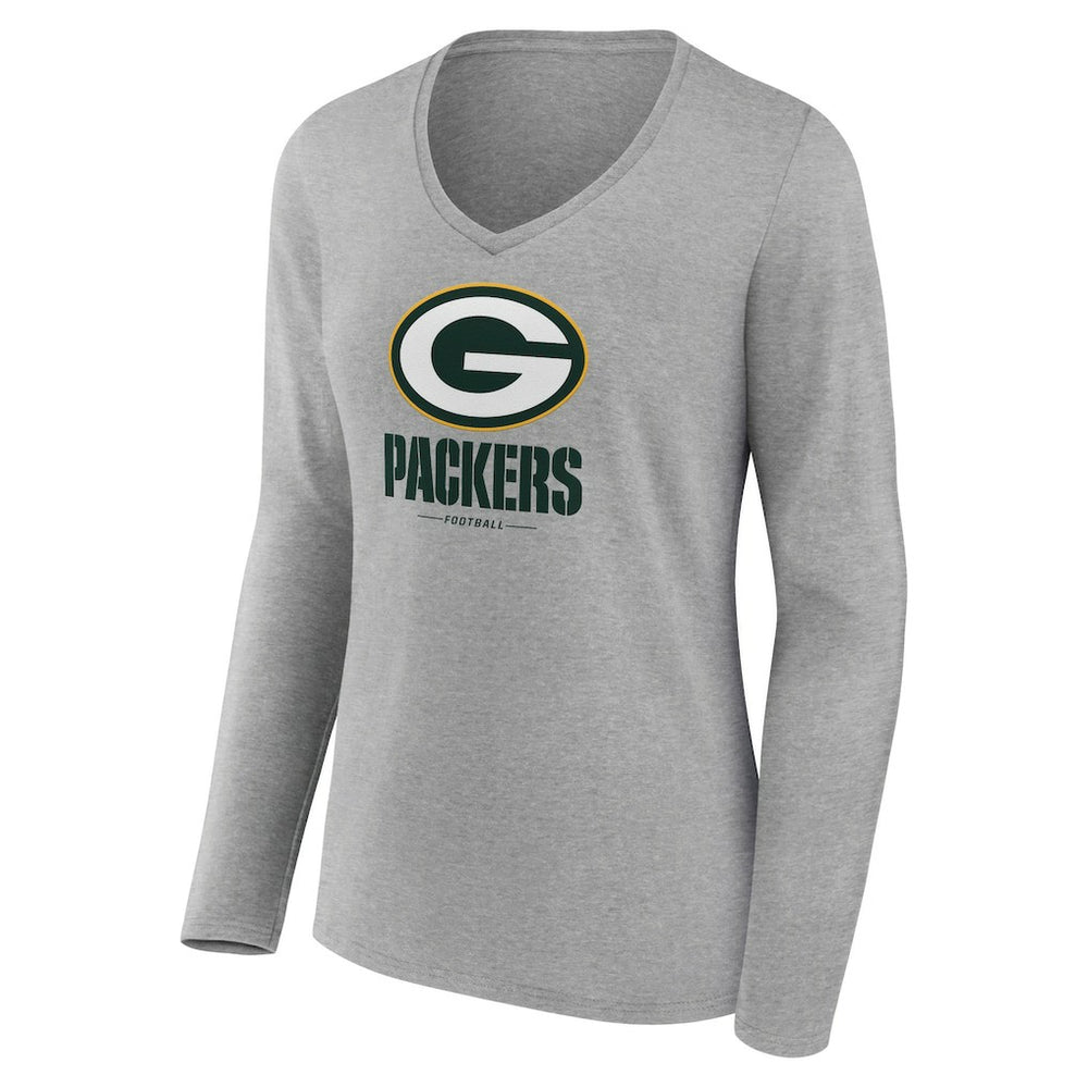 Green Bay Packers Women's Logo Team Lockup Long Sleeve V-Neck T-Shirt Heather Gray - NFL
