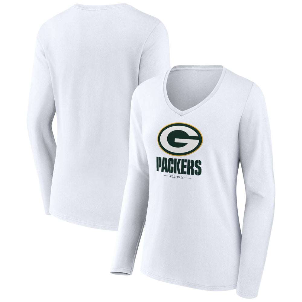 Green Bay Packers Women's Logo Team Lockup Long Sleeve V-Neck T-Shirt White - NFL