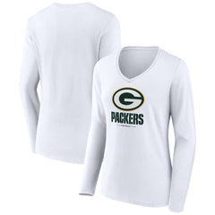 Green Bay Packers Women's Logo Team Lockup Long Sleeve V-Neck T-Shirt White - NFL