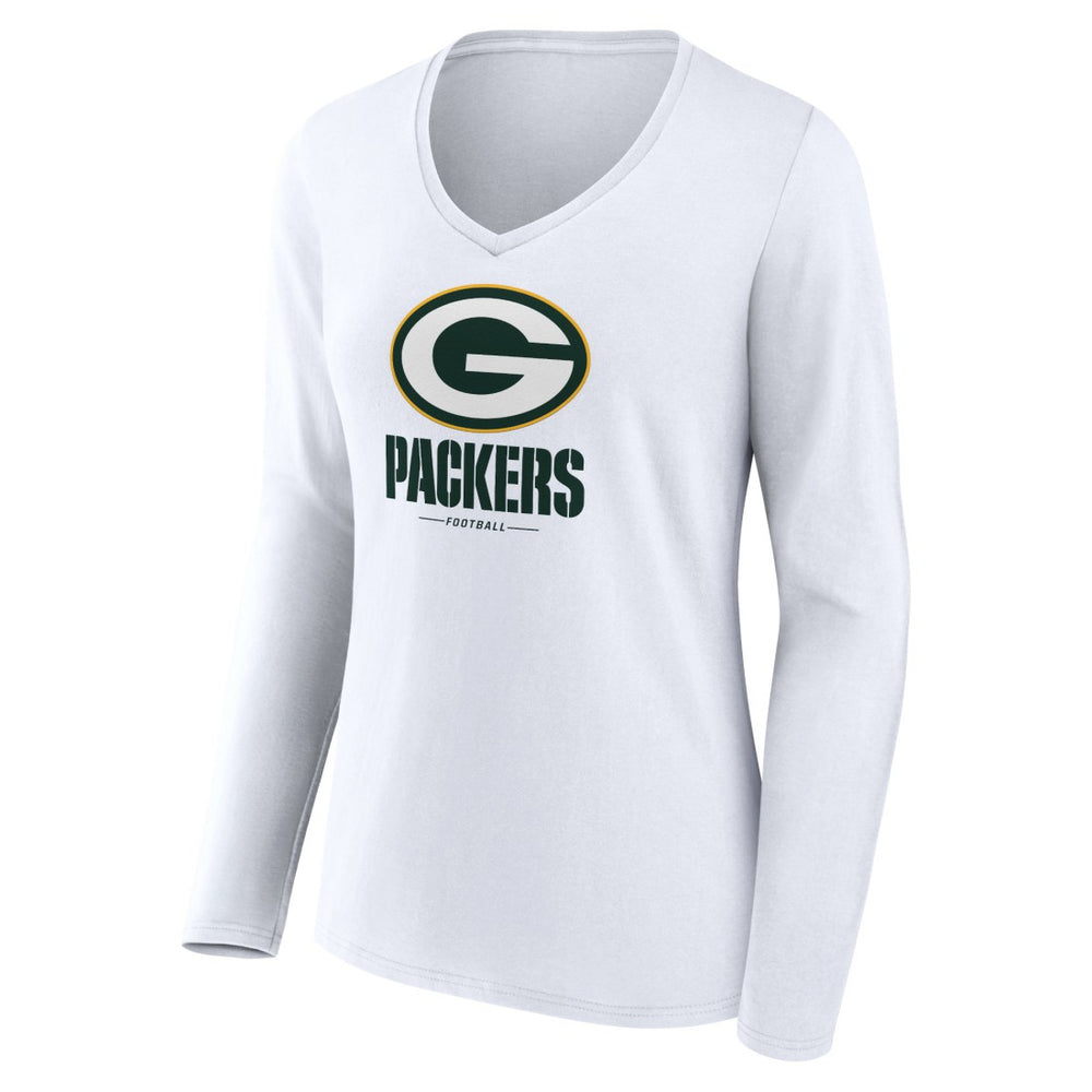 Green Bay Packers Women's Logo Team Lockup Long Sleeve V-Neck T-Shirt White - NFL