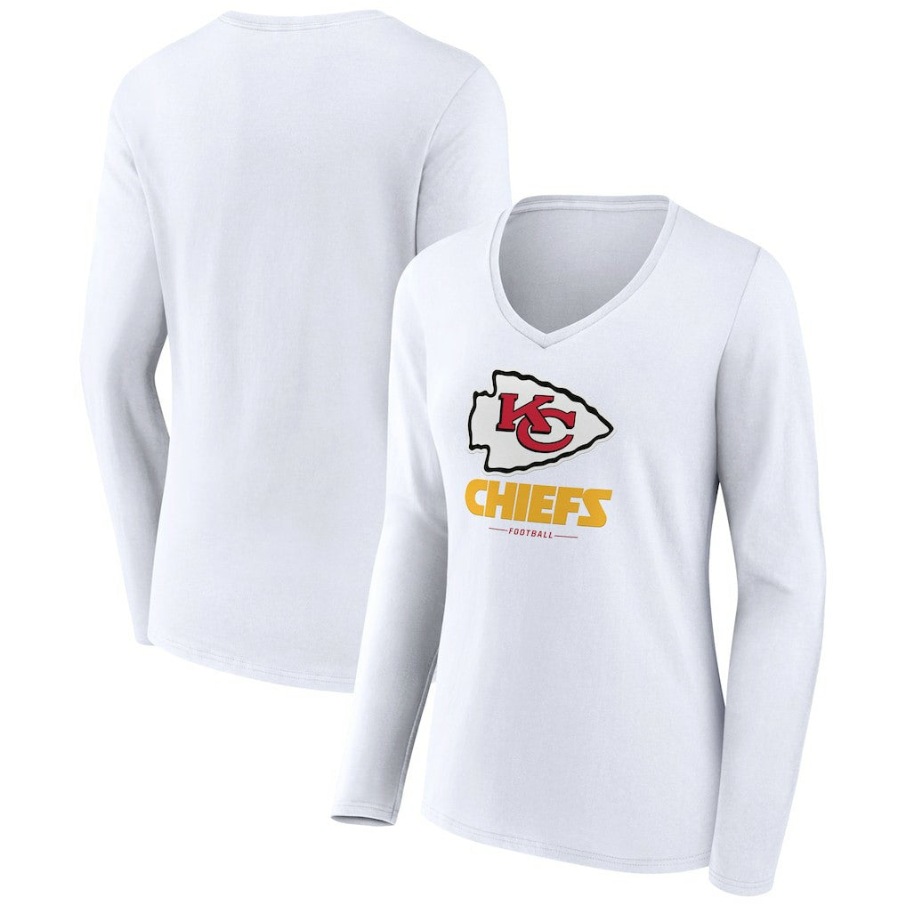 Kansas City Chiefs Women's Logo Team Lockup Long Sleeve V-Neck T-Shirt White - NFL