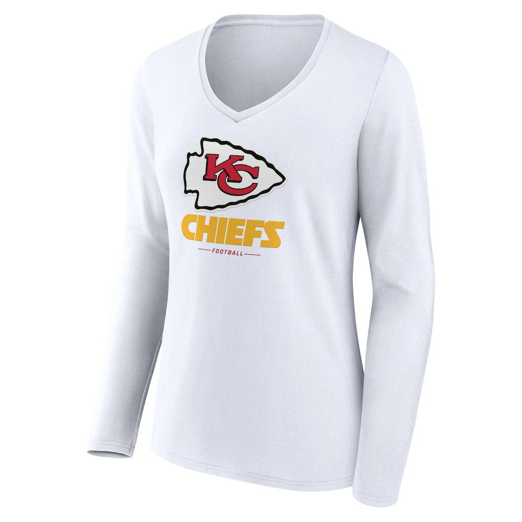 Kansas City Chiefs Women's Logo Team Lockup Long Sleeve V-Neck T-Shirt White - NFL