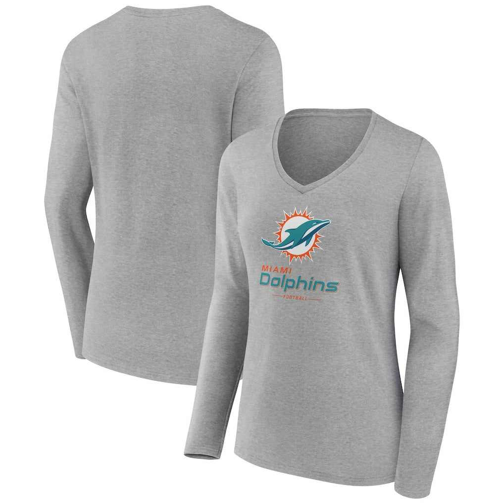 Miami Dolphins Women's Logo Team Lockup Long Sleeve V-Neck T-Shirt Heather Gray - NFL